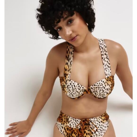 River Island Brown Leopard Print Balconette Bikini Top Size 10 - Picture 1 of 7